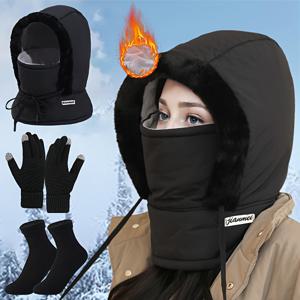 TEMU 겨울 멀티피스 세트: 풀 지퍼 후드 재킷, 탈부착 가능한 얼굴 마스크/귀 보호 헤드피스, 장갑 및 신축성 있는 팬츠 스타일 (팬츠 미포함) - 스키, 스노보드용 추위 방지 장비 - 손세탁 전용, 크리스마스 선물로 이상적