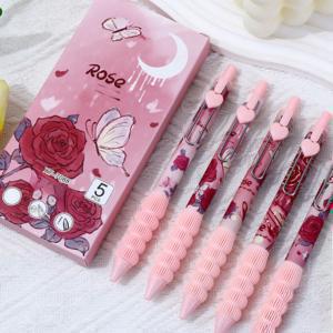 TEMU 5개 로즈 리트렉터블 젤 펜, 0.5mm 미세 포인트, 블랙 잉크, 흡수 없음 및 빠른 건조, 부드러운 쓰기, 사무실, 학교, 일기 쓰기, 일상적인 사용에 이상적 - 플라스틱 재질