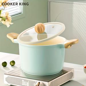 TEMU 1pc COOKER KING 4.5L 티타늄-세라믹 코팅된 비스듬한 스톡팟 뚜껑 - PFOA 및 PTFE 프리, 인덕션 준비, 냉각 핸들, 모든 조리대와 호환 가능, 스프 및 요리에 이상적, 식품 안전 및 내구성