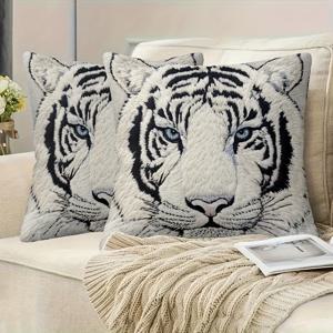 TEMU 2개 세트 짧은 플러시 장식용 단면 프린팅 초소프트 패브릭 베개 커버, 블루 아이즈 화이트 타이거 클로즈업 디자인, 손세탁 및 기계 세탁 가능 45×45cm 침실 거실 소파 쿠션 커버 (베개 내장 불포함)