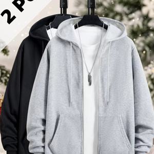 TEMU 2개 남성용 포근한 플리스 지퍼업 후드티 - 회색 & 검정, 캐주얼 겨울 따뜻함, 그에게 완벽한 선물, 남자친구 또는 남편을 위한, 일상적인 편안한 의류|캐주얼 스타일 후드티|지퍼업 후드티