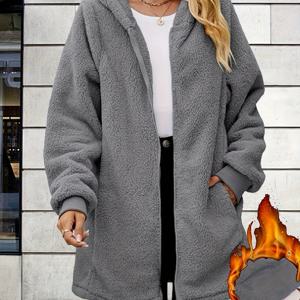 TEMU 2024 신상 여성용 플러스사이즈 플리스 후드 지퍼업 코트 - 부드러운 안감 겨울 재킷, 플레어드 밑단, 가을&겨울 캐주얼 아우터웨어, 귀여운 자켓