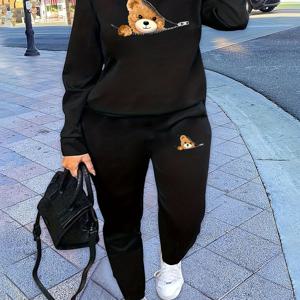 TEMU 베어 프린트 투피스 세트, 크루넥 스웨트셔츠 & 바지, 여성 의류