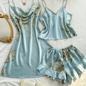 TEMU 3피스 세트 사계절 여성용 모조 프린트 파일 칼라 스트랩 스커트 스트랩 탑 레이스 엣지 쇼츠 파자마 세트