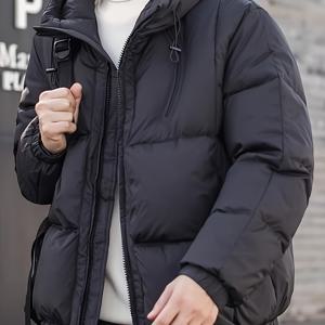 TEMU 남성용 경량 후드 퍼퍼 재킷 - 겨울용 짧은 스타일, 블랙, 캐주얼 폴리에스터 아우터웨어 지퍼 포켓, 오리털 채워진, 청소년 및 성인용 레귤러 핏, 푹신한 재킷