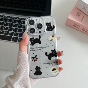 TEMU 체리 블랙 캣 디자인 투명 폰 케이스, 삼성 갤럭시 S24울트라/S21플러스/S22/S23Fe/M32/M10S/M12/F12/A30/A32/A35/A50/A51/A52/A53/A55 소프트 TPU 소재, 고품질 및 보호, 삼성 갤럭시 A02/A04E/A05/A10S/A12/A70/A73