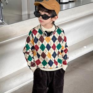 TEMU 남아용 포근한 기모 안감 체크 스웨터 - 두꺼운 라운드넥 긴팔 캐주얼 탑, 체크 무늬 패턴, 가을/겨울에 완벽, 데일리 아동복, 데일리 아동 웨어 | 체크 무늬 탑 | 폴리에스터 스웨터