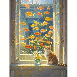 TEMU Healing Scenery 5D 큐브 페인팅 키트 - 11.8x15.7인치 원형 아트, 창가에 오렌지 물고기 & 고양이, 생생한 3D 효과, 거실, 침실에 적합