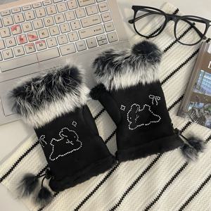 TEMU 여성용 우아한 겨울 장갑 - 플러시 토끼 귀가 있는 비신축성 추위 방지 장갑, 일상/사무실/파티용 블랙 & 화이트 퍼 텍스처 - 학생 및 전문가용 따뜻한 반손가락 장갑, 파티 액세서리, 스타일리시 , 편안한 소재, 패션 애호가를 위한 여성 미튼, 공주 장갑, 라인스톤이 있는 겨울 옷, 여성용 겨울 장갑