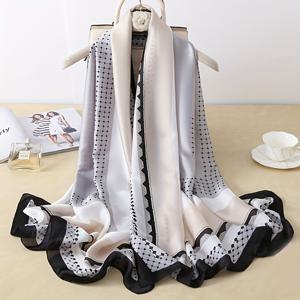 TEMU 우아한 폴카 도트 프린트 스카프 - 긴, 흐르는 디자인, 흑백 도트, 베이지 배경, 해변, 휴가, 봄/가을 의상에 완벽, 해변 커버업 | 폴카 도트 스카프 | 폴리에스터 원단