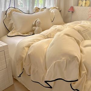 TEMU 3pcs 부드럽고 편안한 폴리에스터 침구 세트 - 흰색과 검은색 경계, 퀸 사이즈 이불 1개 및 매칭 베개커버 2개 포함, 기계 세척 가능, 침실 및 객실에 이상적, 올시즌 컴포트|우아한 침구 세트|지퍼 이불, 침구|이불