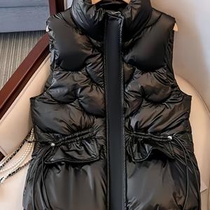 TEMU 여성용 우아한 스탠드 칼라 지퍼업 조끼 - 두꺼운 따뜻한 겨울 조끼, 큰 포켓, 단색, 루즈핏, 긴 소매, 가을/겨울 아우터웨어에 완벽, 여성용 겨울 조끼, 한국식 조끼, 여성용 스타일리시 조끼, 여성용 민소매 조끼, 가을/봄용 여성 조끼