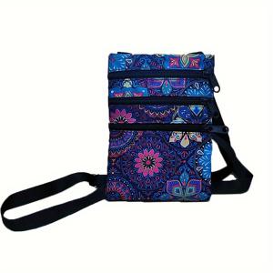 TEMU 레트로 보호 플로랄 프린트 여성용 휴대폰 가방 - 조절 가능한 크로스바디 백, 두 개의 지퍼 수납공간 포함, 보라색/파란색/분홍색/검정 폴리에스터 핸드백, 손세탁 가능, 캐주얼 및 휴가용 폰 파우치