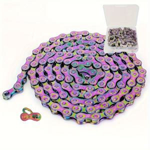 TEMU ZHIQIU 8단 변속 마운틴 바이크 체인 - 116링크 무지개 마감 처리된 철제 자전거 체인, MTB와 호환 - 체인 브레이커 도구 포함