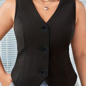 TEMU 플러스 사이즈 여성용 우아한 V넥 민소매 조끼, 단색 슬림핏 버튼 프론트 클로저 - 캐주얼 & 포멀웨어용 봄 여름 상의, 품질 좋은 스티칭 디테일