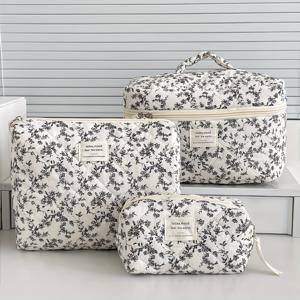 TEMU 3pcs 프랑스 꽃 화장품 케이스 세트, 한국 스타일 폴리에스테르 메이크업 가방, 빈티지 고아세틱 대용량 여행용 화장품 정리함, 휴대용 미용 보관 가방