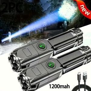 TEMU 2개 충전식 LED 줌 플래시 라이트, 1200mAh 리튬 배터리, USB 충전 케이블 포함, 야외 캠핑, 비상, 가정용으로 고강도 빔, 캠핑 액세서리
