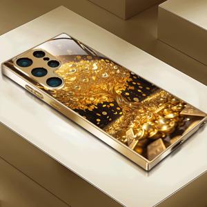 TEMU 삼성 S25 울트라, S23 울트라, S24 울트라, S23 FE, S25 플러스, S24 플러스, S25, S24, S23 시리즈 휴대폰과 호환되는 금박 프레임 유리 폰 케이스, 고급 돈 나무 디자인을 특징으로 합니다.
