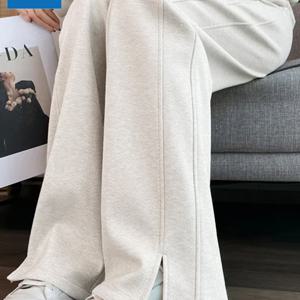 TEMU JEANSWEST 여성용 하이웨이스트 와이드 레그 팬츠 슬릿 - 라이트 베이지 겨울 바지, 두꺼운 보온 원단 (비부피감), 한국-일본 스타일, 기계 세탁 가능 부트컷 & 캐주얼 의상 - 2025 가을/겨울 신상품