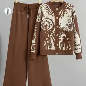 TEMU 2025년 여성 가을/겨울 신상 프렌치 라운드넥 메탈 버튼 컬러 블록 자카드 가디건 & 와이드 레그 팬츠 세트, 여성용 캐주얼 엘레강스룩