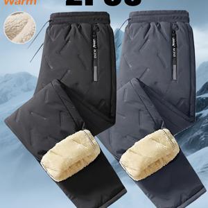 TEMU 남성용 헤비듀티 안감 겨울 바지 2개 - 지퍼 포켓 & 드로스트링 허리, 직다리 디자인의 보온성 강화 바지, 추운 날씨, 야외, 스키용 (세탁기 사용 가능)|냉장고바지|남자바지|바지