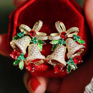 TEMU RYYM 여성용 우아한 럭셔리 크리스마스 벨 귀걸이, 그린 & 레드 벨, 골든톤 KC 도금, 파티, 새해 전야, 캐주얼 의상용 대형 주얼리 - 반짝이는 합성 지르코니아 벨과 클리어 센터 & 레드/그린 비즈, 섬세한 파티 주얼리 선물 (박스 미포함) - 크리스마스, 연회 및 축제 행사, 연중 착용, 정교한 디자인, 크리스마스 귀걸이