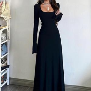 TEMU 여성용 우아한 슬림핏 맥시 드레스 - 스퀘어넥 A라인 겨울 드레스, 가을/겨울용 기계 세탁 가능한 롱 포멀 & 세미포멀 웨어, 텀미 컨트롤 웨딩 게스트 가운 (단색)