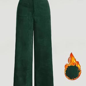 TEMU 여성용 우아한 다크 그린 와이드 레그 팬츠 - 하이웨이스트 레그 팬츠, 포켓 포함, 주름 방지 & 세탁기 사용 가능, 포멀 이벤트 및 캐주얼 룩에 적합한 딥 그린 (벨트 루프 없음)