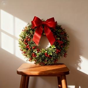 TEMU 실감나는 인조 화환 (빨간 열매 & 녹색 식물) - 매달린 루프가 있는 우아한 크리스마스 화환, 전기 불필요, 실내/실외 휴일 장식용, 내구성이 뛰어난 플라스틱 구조 - 완벽한 크리스마스 선물, 축제 분위기의 홈 데코, 클래식 스타일, 현관문, 둥근리스, 현관문 인테리어 소품, 리스 조화, 철제리스, 현관문 장식