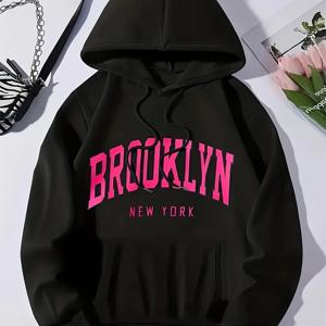 TEMU 브루클린 프린트가 있는 포근한 플리스 안감 후드티 - 여성용 캐주얼 끈 조절 풀오버, 캥거루 포켓, 가을 & 겨울에 완벽함