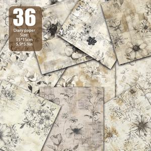TEMU 빈티지 수제 꽃무늬 스크랩북 종이, 배경 장식용 재료용 종이, 레트로 다이어리, 그런지 다이어리, 핸드메이드 카드 배경, 카드 매트, 인사말 카드 제작 등에 적합한 빈티지 손그림 텍스처 종이 사양: 5.9 * 5.9인치 36장