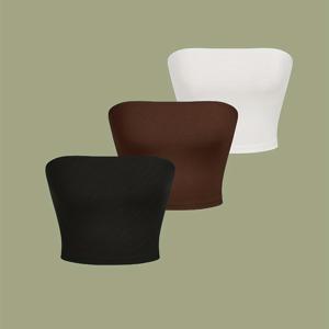 TEMU 여성용 3피스 하이 스트레치 무소매 튜브 탑 - 단색, 캐주얼 민소매 셔츠, 블랙, 브라운 & 화이트, 세탁기 사용 가능, 캐주얼 의상에 완벽