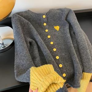 TEMU 우아한 겨울 재킷 - 슬림핏 칼라 가디건, 그레이 & 옐로우 컬러 블록, 골든 버튼, 짧은 소매 & 라운드 넥 | 가을/겨울 레이어링용 포근한 스웨터 코트 (손세탁/드라이클리닝)