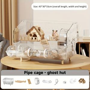 TEMU 투명한 집이 있는 아크릴 햄스터 케이지 1개, 다단계 고정된 디자인, 분리 가능한 베이스 팬 및 분리 가능한 식품 및 물 튜브 - 실내 애완용품용 내구성이 뛰어난 작은 동물 서식지, 대형 햄스터 케이지