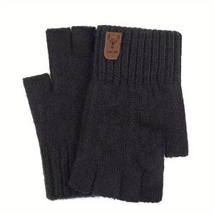 TEMU 남성용 보온 겨울 손가락 없는 장갑 - 운전, 타이핑 및 작업용 터치스크린 호환 가능한 방한 장갑, 가죽 태그가 있는 캐주얼 리브 커프 디자인, 블랙 & 그레이, 부드러운 질감의 겨울 장갑