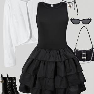 TEMU 여아용 가을 겨울 코디네이트 니트 가디건 & 민소매 드레스 케이크 스커트 투피스 세트, 여성용 숏 스커트, 여성용 플러스 사이즈 스커트, 여성용 플리츠 스커트, 여성용 플리츠 스커트, 여성용 숏 스커트, 여성용 스타일리시 스커트