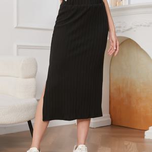 TEMU 여성용 니트 미디 스커트, 95% 폴리에스터 5% 스판덱스, 단색, 일반 핏과 사이드 슬릿, 모든 계절, 벨트 필요 없음