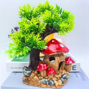 TEMU 1개 버섯 하우스 나무 풍경 장식 - 고품질 레진 수족관 오너먼트, 리얼리스틱 이끼 및 잎사귀, 물고기 탱크용 자연스러운 워터 가든, 수중 장식, 버섯 질감, 정교한 공예
