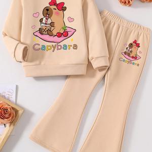 TEMU 가을/겨울 패션 여아 세트 - 만화 카피바라 패턴 프린트 라운드넥 스웨트셔츠 & 플레어 팬츠 투피스, 귀여운 사진 촬영에 완벽, 야외 활동에 적합, 귀여운 의상, 사진 촬영 의상, 발랄한 디자인, 부드러운 원단, 튼튼한 의류, 여아 상하세트, 여아 가을옷, 여아 청바지, 여아 원피스, 여아 바지, 여아 정장, 여아 상하복