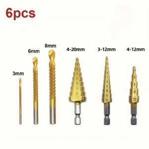 TEMU 6개 스텝 드릴 비트 - 80 지역용 티타늄 크롬 주철 커터 비트, 4계절 선물 사양 포함 4-20mm, 4-12mm, 3-12mm 및 3/6/8mm, 4명이 함께 사용하기에 적합, 목공 및 금속 드릴링에 적합, 5회 기간 사용 가능. 제품은 11개의 축제에서 사용할 수 있습니다