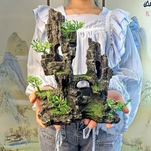 TEMU 1개 수족관 조경용품 - 이끼가 덮인 바위봉과 작은 식물, 실내/외부 연못에 적합한 수지 어항 장식재료로 자연생태계를 강화하는 아쿠아리움 , 대형 수족관 장식, Aquarium Ro Decorations