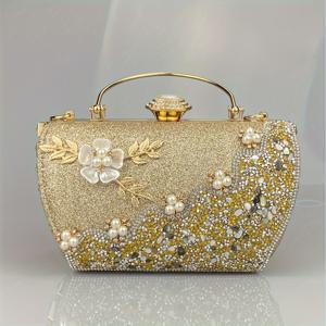 TEMU 여성용 우아한 저녁 클러치 가방, 분리 가능한 크로스바디 스트랩, 빛나는 라인스톤과 진주 액센트가 있는 골든 톤 메탈릭 디자인, 결혼식, 파티, 공식 행사에 완벽한 저녁 클러치 지갑, 파티 저녁 액세서리, 고급스러운 질감