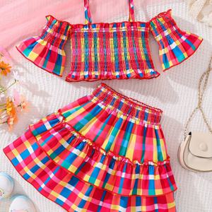 TEMU 여아용 여름 멀티컬러 체크무늬 홀터넥 오프숄더 탑 + 티어드 스커트 투피스 세트, 유쾌한 휴가 스타일