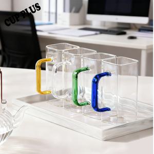 TEMU 4개 세트, 멀티 컬러 조합 13.53oz/400ml 투명 붕규산 유리 컵 (블루 핸들 포함) - 내열 및 냉각 저항, 재사용 가능한 사각 머그컵 (커피, 우유, 주스, 차용)