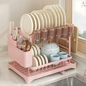 TEMU 1개, 2단 식기 건조대, 360° 회전식 물받이 및 배수 트레이 포함, 금속 다기능 식기 거치대, 주방 카운터탑 보관 바구니, 칼과 포크 보관에 적합, 도마, 컵 보관 가능, 쉽게 청소 가능|주방 정리함|공간 절약, 핑크