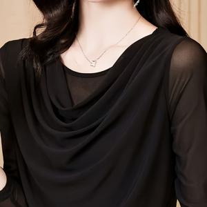 TEMU 여성용 우아한 레이어드 튜닉 탑 - 롱 슬리브 쉬어 튜닉 블라우스, 퍼프 슬리브 디자인, H-라인 실루엣 & A-라인 밑단, 봄/가을용 솔리드 블랙 튜닉 셔츠, 세탁기 사용 가능 (패딩/벨트 없음) - 레이어링 또는 단독 착용에 적합한 구조적 핏, 세미 쉬어 레이어드 넥라인, 부드러운 질감, 레이어링에 적합, 시크하고 세련된 블라우스