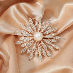 TEMU 이미테이션 펄과 라인스톤이 장식된 고급스러운 이중 레이어 꽃 브로치, 여성 의류 액세서리, 데일리 웨어에 다재다능, 모든 계절에 적합