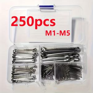 TEMU 250개 304 스테인리스 오픈 핀 네일 분류 키트 - 6가지 유형의 스프링 핀 패스너 M1-M5, 자동차, 기계, 차고, 전력 장비, 자동차, 트럭, 잔디 깎기, 소형 엔진 유지 보수에 적합