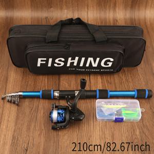 TEMU 1.8M/2.1M 여행용 낚시대 세트, 유리섬유 원통형 낚시대, 일치하는 스핀 릴, 편리한 2중层 낚시 가방, 미끼 상자, 외출에 완벽한 선택, 초보자에게 적합, 좌우 모두 사용 가능.