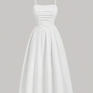 TEMU 여성용 우아한 오프숄더 스모크드 웨이스트 스파게티 서스펜더 드레스 - 솔리드 화이트 플로어-길이 기계 세탁 가능 정장, 결혼식 및 갈라 행사용, 특별한 날 착용, 논스트레치 원단 어른용 이브닝웨어